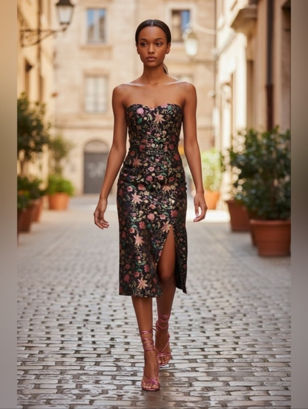 Lulu's Black Strapless Floral Midi Dress with Pink Accents